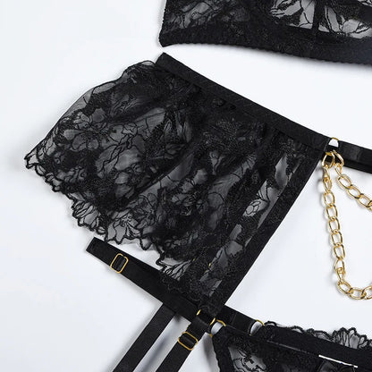 Lingerie Luxury Lace Female Underwear y Transparent Bra Panty Sets With Chain Fancy See Through Exotic Sets 4-Piece
