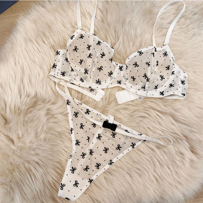 Ellolace Bowknot Print French Underwear Polka Dot Sexy Outfits For Woman Seamless Intimate See Through Exotic Bilizna Set
