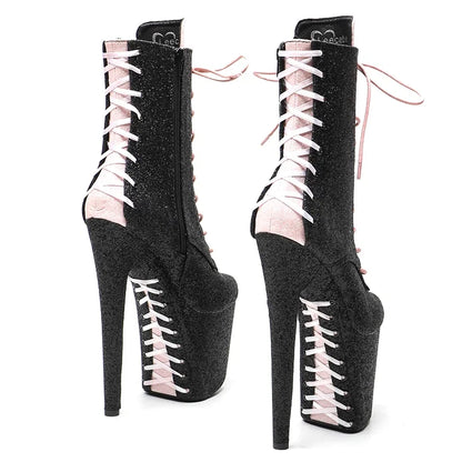 20CM/8inches  Black with Pink  Glitter Upper   Fashion and trends High Heel   platform Pole Dance boot