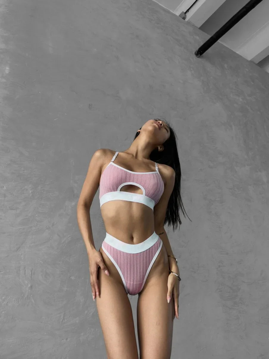 Ellolace Sexy Lingerie Patchwork Comfortable Underwear Ribbed Seamless Bilizna Set Cut Out Intimate Goods Two-Piece Women's Set