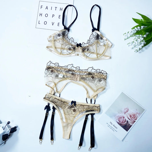 Lingerie y Transparent Bra Underwire Sheer Hot   Costumes Bowknot Floral Embroidery Garters Exotic Sets