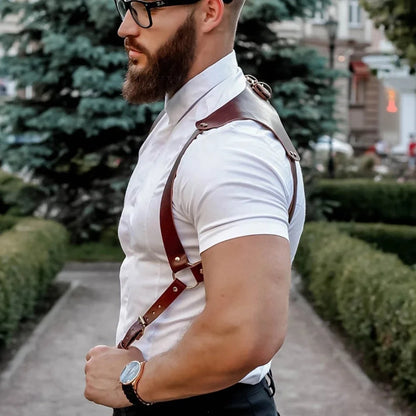Men's Suspenders Vintage Brown PU Leather Straps Braces Suspender Men Harness Punk Chest Shoulder Belt Strap Apparel Accessories