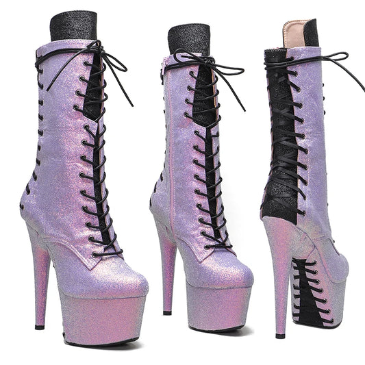 17CM/7inches color matching  model Catwalk  Heels boot Stripper Platform Women Ankle Boots Lace-up  Lady Boots  4B