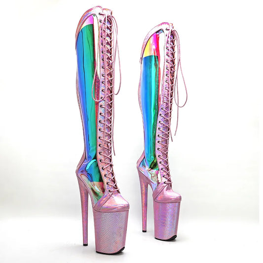23CM/9inches Snake  Pink holographic Upper  fashion  lady High Heel platform  Pole Dance boots