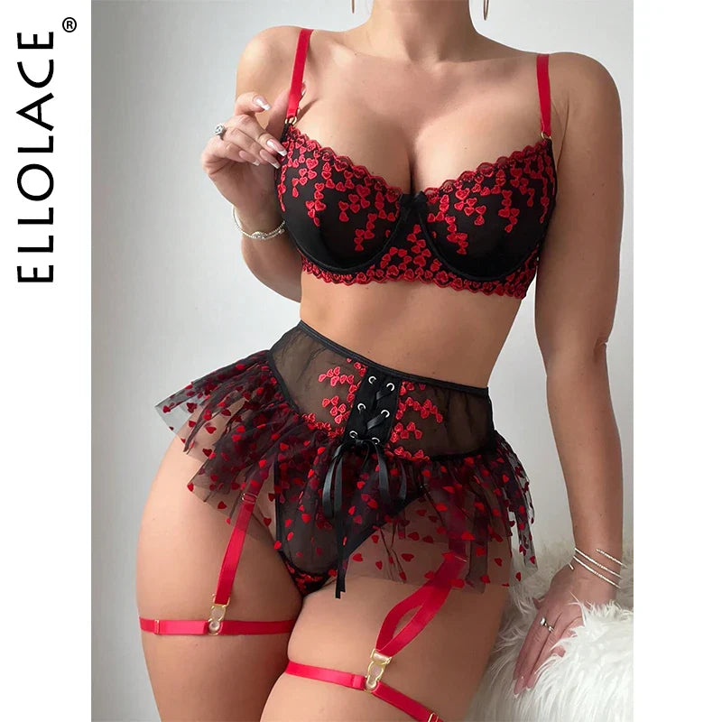 Ellolace Fancy Lingerie Heart Embroidery Sexy Outfits Frill Trim Panties Lace Sissy Sweet Girl Erotic Costume