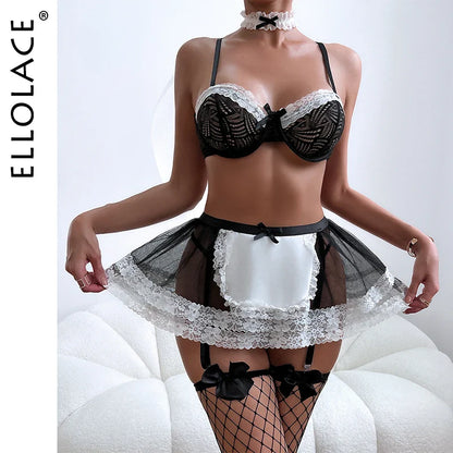 Ellolace Lace Super Sexy Lingerie Push Up Attractive Chest Suspenders Bilizna Outfit Fancy Outfit Housemaid Maid Cosplay 5-Piece