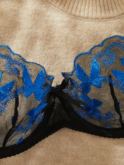 Ellolace Fancy Betterfly Lingerie Cobalt Contrast Color Sexy Outfits For Woman See Through Tulle Sissy Intimate