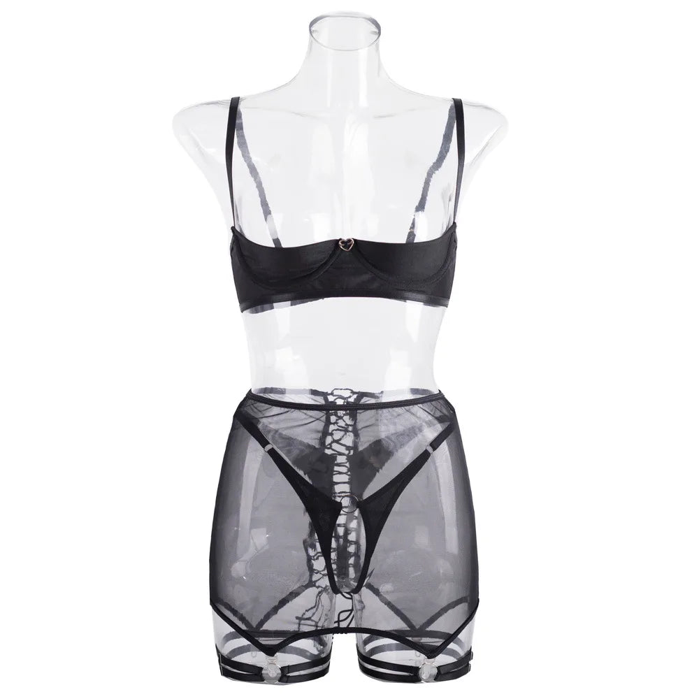 Lingerie soutien-gorge ouvert jarretière intime sensuelle culotte sans entrejambe dentelle transparente ensemble Bilizna non censuré 