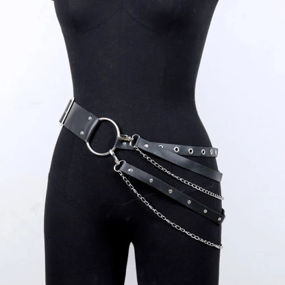 Cadena de cuero PU para mujer, cinturón negro a la moda, ligas góticas, pretina, diseño de anillo circular de Metal, decoración de vaqueros Harajuku 