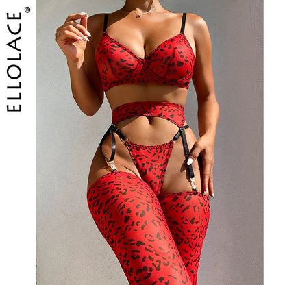 Ellolace Leopard Lingerie For Women Lace Set Of Underwear With Stockings 4-Pieces Erotic Thongs Garter Fancy Matching Outfit