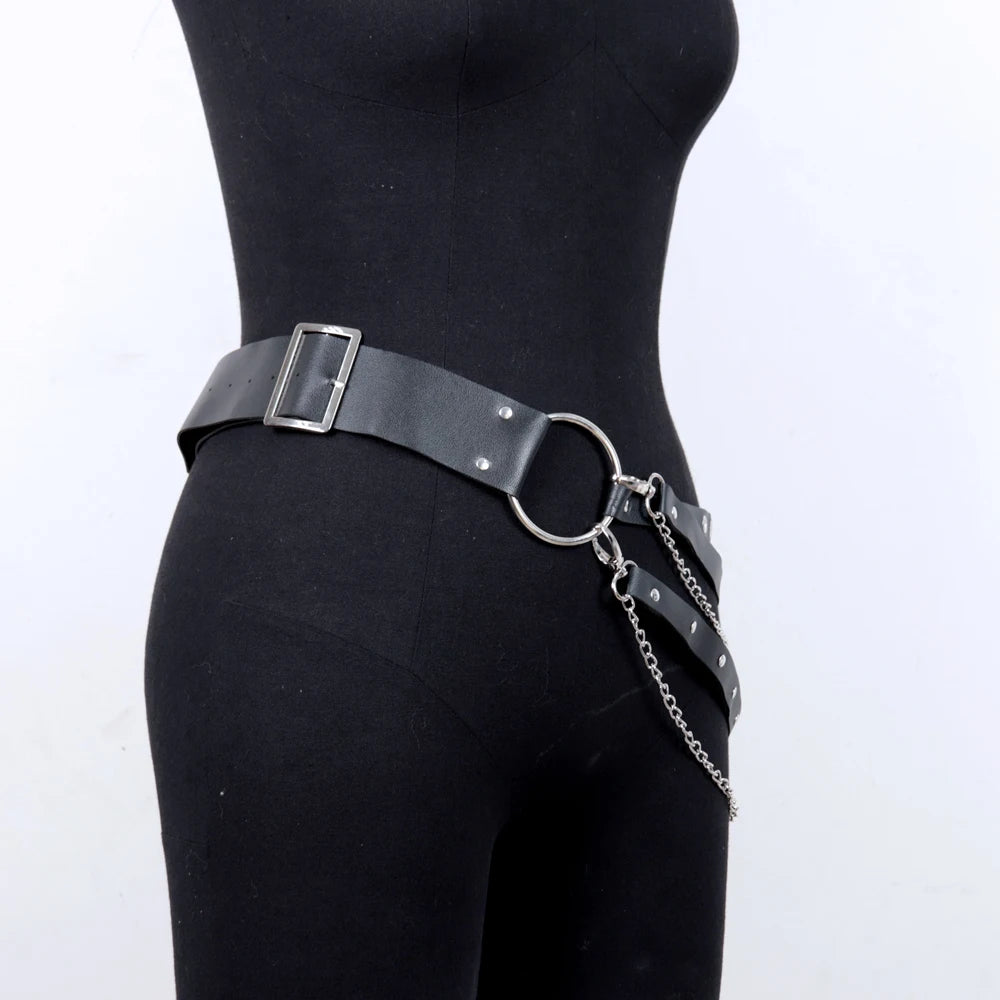 Cadena de cuero PU para mujer, cinturón negro a la moda, ligas góticas, pretina, diseño de anillo circular de Metal, decoración de vaqueros Harajuku 