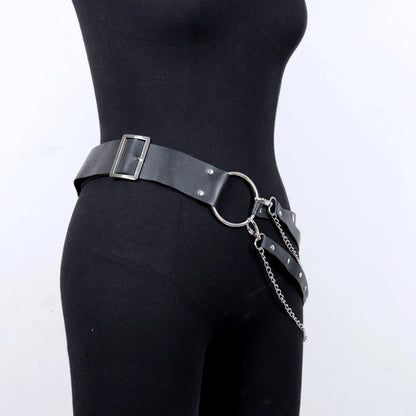 Cadena de cuero PU para mujer, cinturón negro a la moda, ligas góticas, pretina, diseño de anillo circular de Metal, decoración de vaqueros Harajuku 