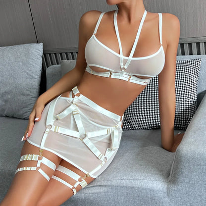 Ellolace Fetish Lingerie G-String Thong Luxury Underwear Cutting 5-Piece Garter Transparent Halter Bra Fine Exotic Bilizna Set
