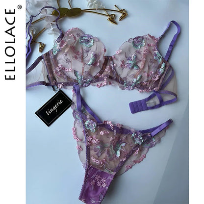 Ellolace Floral Fancy Transparent Bra Romantic Lingerie Sexy Bilizna For Sex Set Lace Erotic See-Through Underwear