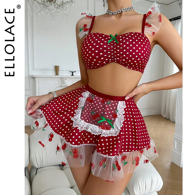 Ellolace Erotic Lingerie 3-Piece Ruffled Polka Dot Lace Sexy Outfit Cherry Sweet Girl Romantic Skirt Thongs Fancy Onlyfans Kit