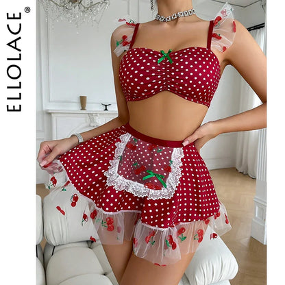 Ellolace Erotic Lingerie 3-Piece Ruffled Polka Dot Lace Sexy Outfit Cherry Sweet Girl Romantic Skirt Thongs Fancy Onlyfans Kit
