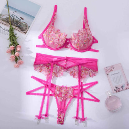 Fancy Pink Lingerie Floral Embroidery  Thongs Garter Bra Suit 3-Pieces Delicate Luxury Lace Beautiful Underwear