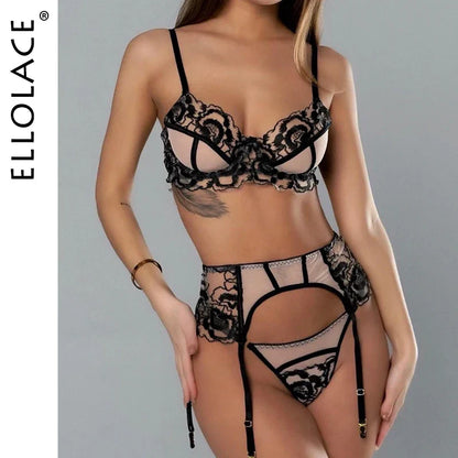 Ellolace Floral See Through Lingerie Lace Embroidery Fancy Bra Kit Push Up Beautiful Underwear Delicate Luxury Outfits