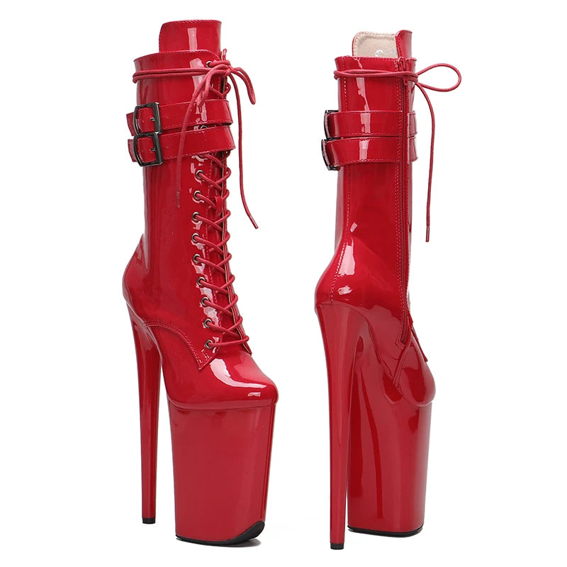 23CM/9inches Patent Upper High Heels Platform Mid Calf Boots  Lace Up y Pole Dancing Boot