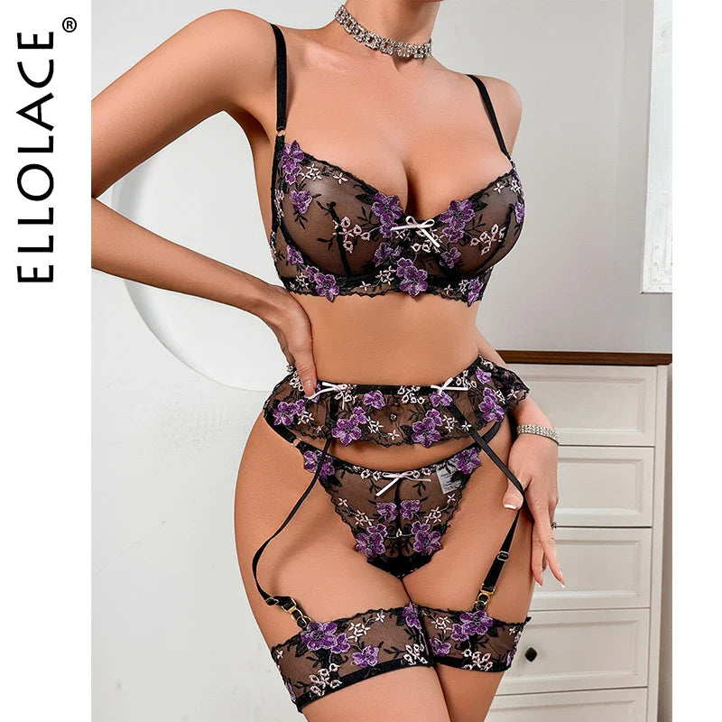 Ellolace Fairy Lingerie Lace Embroidery Delicate Underwear For Hot Women g-String Thongs Erotic Attractive Matching Bra Set