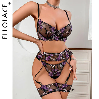 Ellolace Fairy Lingerie Lace Embroidery Delicate Underwear For Hot Women g-String Thongs Erotic Attractive Matching Bra Set