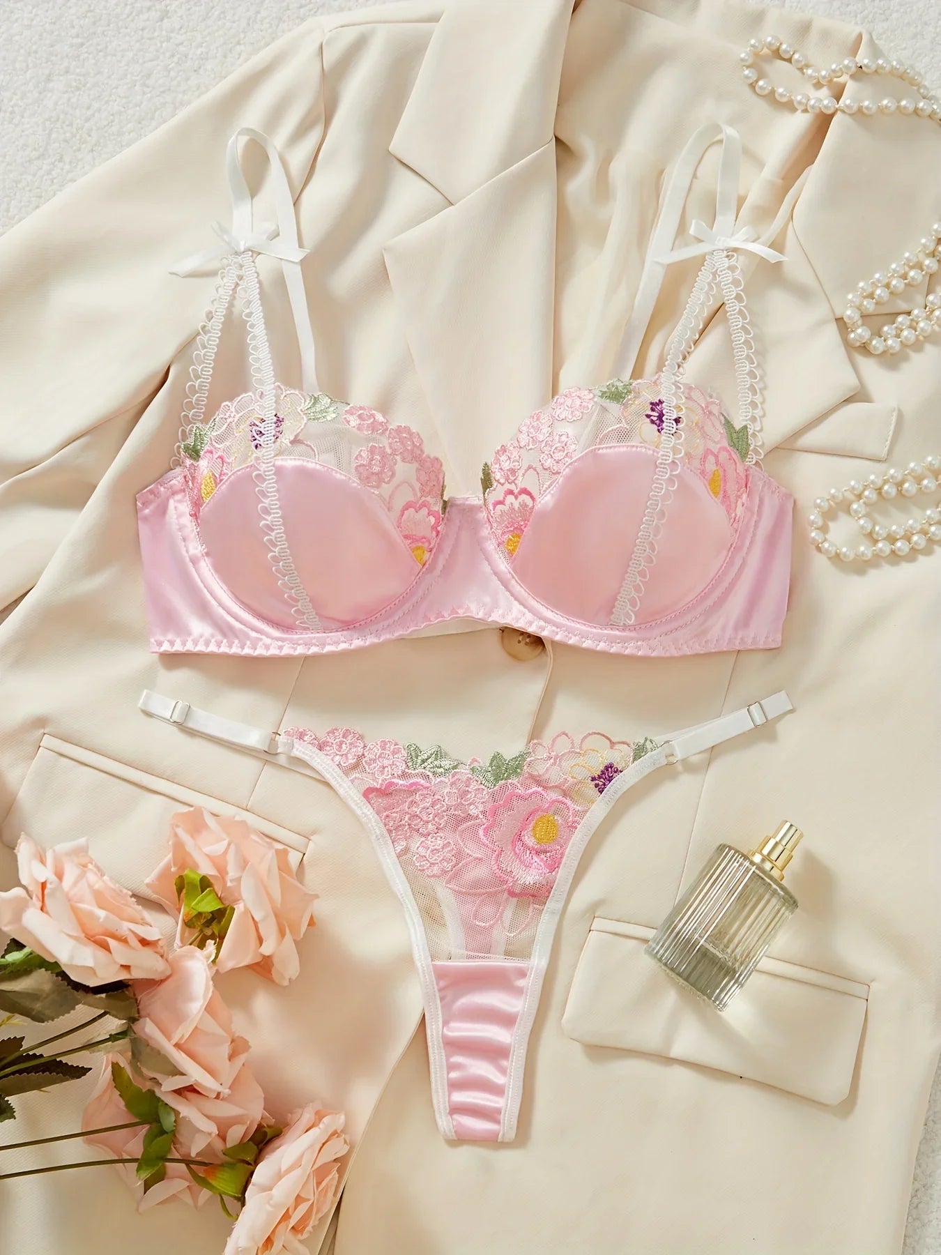 Ellolace Pink Lace Lingerie Sweet Girl Slip Underwear Silk Delicate Embroidery Bilizna Set Sissy Translucent Tulle Intimate