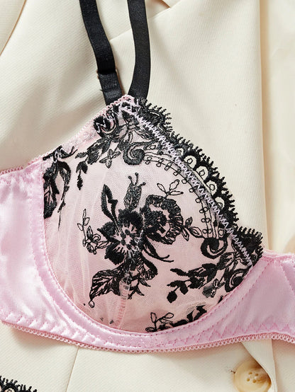 Ellolace Floral Sexy Lingerie Set Erotic Fancy Delicate Underwear Transparent Bra Bilizna Set Girl Pink Intimate Goods