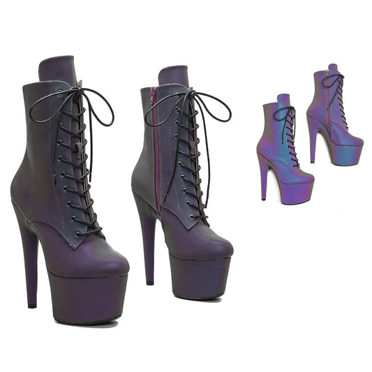 17CM/7inches Holographic Light reflected PU upper  Pole dancing shoes High Heel platform  boot  women boots 3B