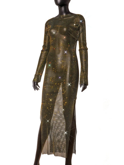 Shiny Rhinestone See Through Mesh Dress Women Sexy O Neck Split Long Sleeve Party Dresses Nightclub Cocktail Ladies Dress