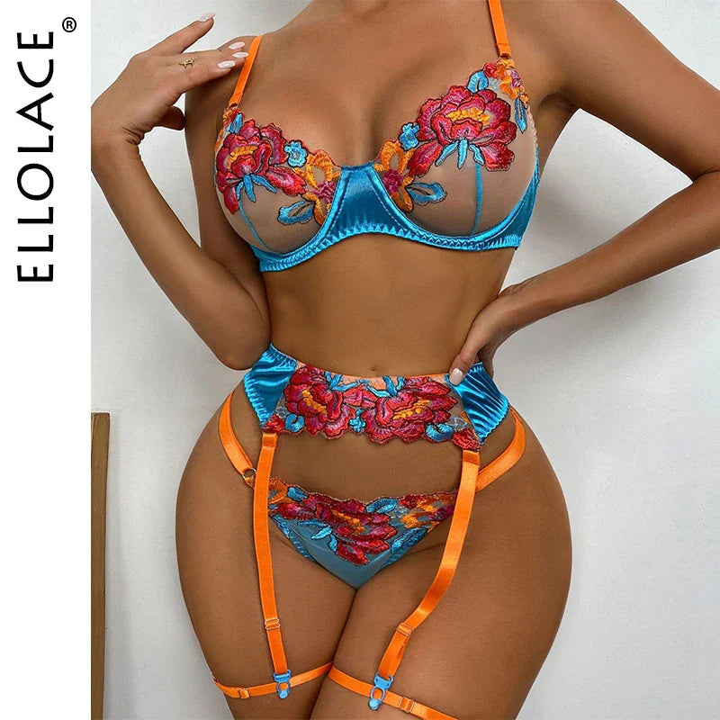 Ellolace Floral Erotic Lingerie Set Woman 3 Pieces Transparent Lace Blue Sexy Underwear Fancy Beautiful Thongs Breves Sets