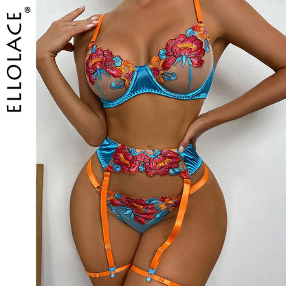Ellolace Floral Erotic Lingerie Set Woman 3 Pieces Transparent Lace Blue Sexy Underwear Fancy Beautiful Thongs Breves Sets