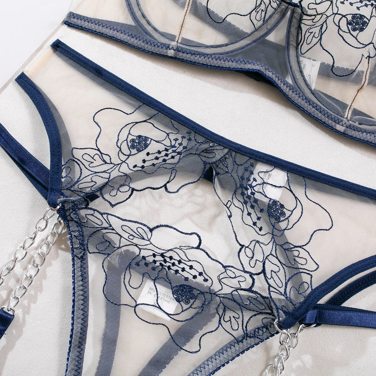 Lencería floral Ropa interior de fantasía Conjuntos íntimos de lujo con bordado transparente de encaje y sujetadores push-up 