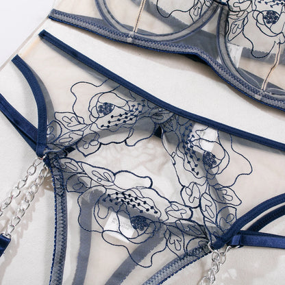 Lencería floral Ropa interior de fantasía Conjuntos íntimos de lujo con bordado transparente de encaje y sujetadores push-up 