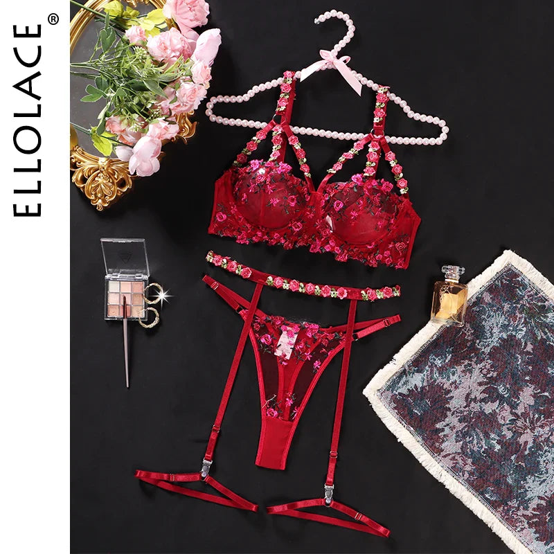 Ellolace Fancy Lingerie Lace Delicate Underwear Ensemble Garter Belt Set Luxury Valentine Lingerie Fantasy Fairy Bra Set