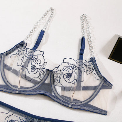 Lencería floral Ropa interior de fantasía Conjuntos íntimos de lujo con bordado transparente de encaje y sujetadores push-up 