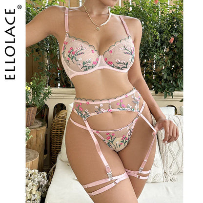 Ellolace Fairy Lingerie Floral Transparent Bra Fancy Underwear Delicate Lace Garter Belt Set Valentine Holiday Sexy Intimate