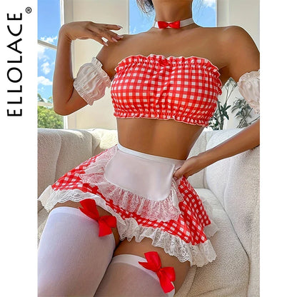 Ellolace Plaid Housemaid Cosplay Lingerie 4-Piece Maid Sexy Women's Outfit Fantasia Intimate Sex Fetish Cute Adult Goods Costume