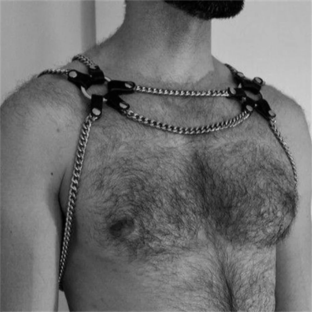 Sexy Body Chain Harness Men Cool Fashion Metal Punk Style Nightclub Party Faux Leather Chest Jewellery Accessories