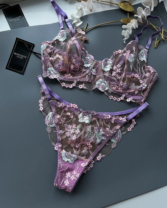 Ellolace Floral Fancy Transparent Bra Romantic Lingerie Sexy Bilizna For Sex Set Lace Erotic See-Through Underwear
