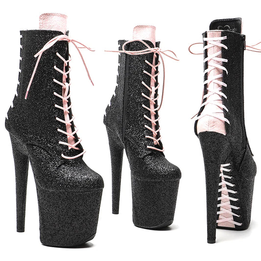 20CM/8inches  Black with Pink  Glitter Upper   Fashion and trends High Heel   platform Pole Dance boot