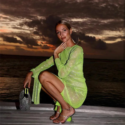 Shiny Rhinestone See Through Mesh Dress Women Sexy O Neck Split Long Sleeve Party Dresses Nightclub Cocktail Ladies Dress