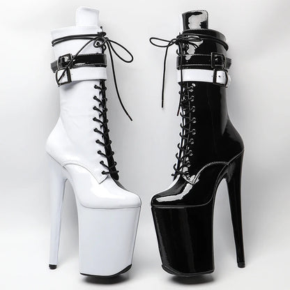 23CM/9inches Patent upper white color   with black color  Two color Mix y boots  High Heels Platform Pole Dance shoes