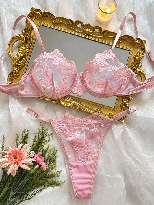 Ellolace Erotic Lingerie With Lace Transparent Embroidered Sexy Costumes Uncensored Wedding Intimate Push Up Bra 2-Piece Set