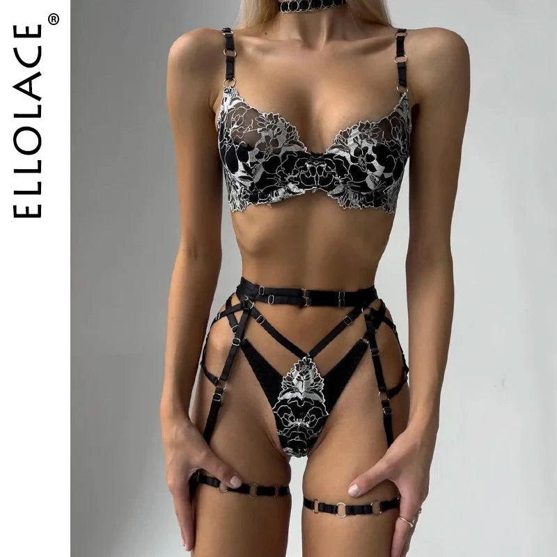 Ellolace Sexy Lingerie For Fine Women Lace Bra Kit Push Up Fantasy Underwear Erotic Transparent Cupless Sexy Outfit Intimate
