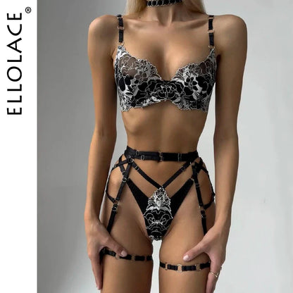 Ellolace Sexy Lingerie For Fine Women Lace Bra Kit Push Up Fantasy Underwear Erotic Transparent Cupless Sexy Outfit Intimate