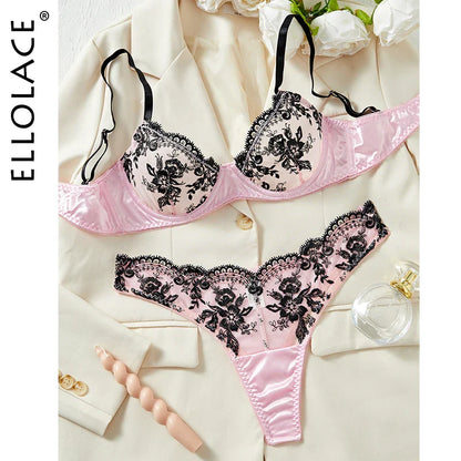 Ellolace Floral Sexy Lingerie Set Erotic Fancy Delicate Underwear Transparent Bra Bilizna Set Girl Pink Intimate Goods