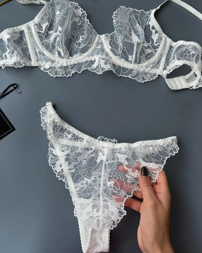 Ellolace Sexy Lingerie Lace Underwear For Women 2 Piece Set Outfit Embroidery Transparent Onlyfans Kit Peekaboo Bra Set Up