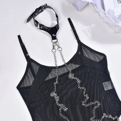Bodysuit Lingerie  Transparent  Lace Body One-Pieces With Halter Leather Chain y Mesh Tights Top