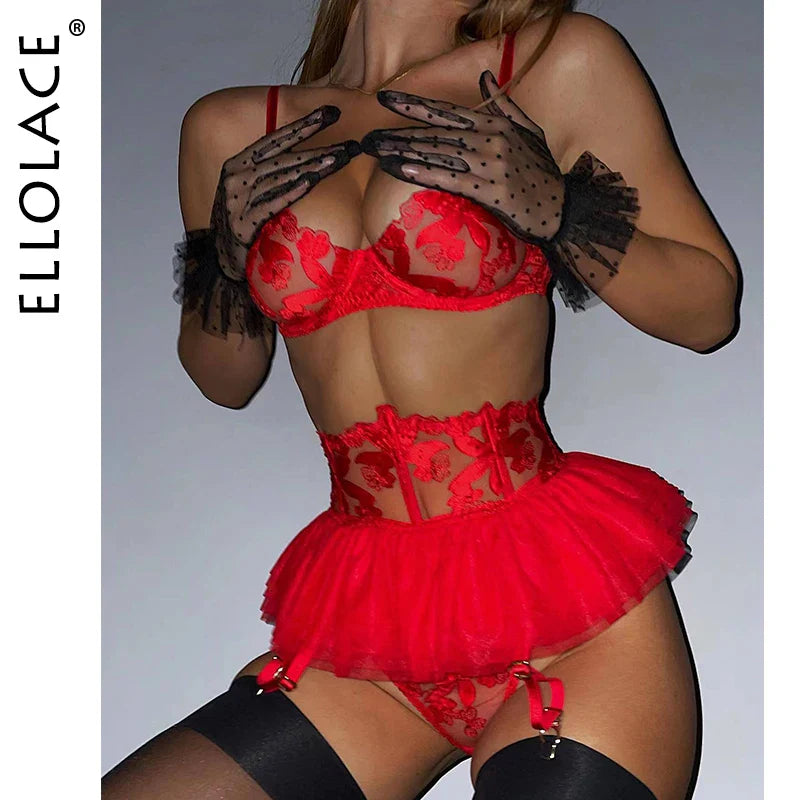 Ellolace Fancy Lingeries Luxury Lace Erotic Women's Underwear 3-Pieces Transparent Sexy Round Matching Intimate