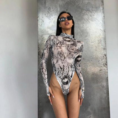 Tie Dye Bodysuit Long Sleeve Lingerie Body Uncensored Tight Fitting Woman Crotchless Mesh  Tops See Through Outfit